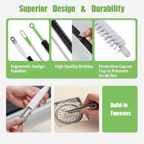 3-Piece Cleaning Brush Kit, Flexible Drain and Crevice Brushes