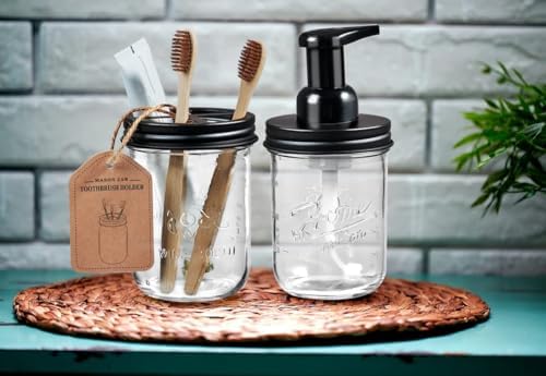 SheeChung Mason Jar Foaming Soap Dispenser and Toothbrush Holder Set