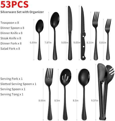 53PCS Black Silverware Set for 8 with Flatware Drawer Organizer, Stainless Steel Cutlery Set with Steak Knives, Include Spoons and Forks Set & Serving Utensils, Mirror Polished, Dishwasher Safe