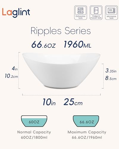 LaGlint 66 OZ Salad Bowl Set of 2, 10 Inch White Opal Glass Oval