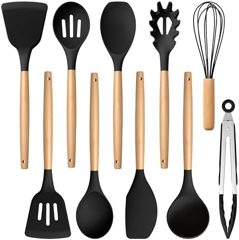 E-far Silicone Cooking Utensils Set, 10-Piece, Wood Handle