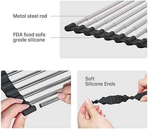 Large Telescopic Drain Rack Roll Up Rack Heat-Resistant Dish Drainer Kitchen Sink Rack Over the Sink Dish Drying Rack Stainless Steel Dish Rack (18 Tube 21.25''x12.79'')