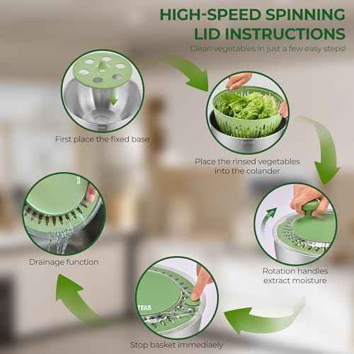 SUSTEAS Stainless Steel Salad Spinner, Lettuce Spinner with 5 Blade Slicer