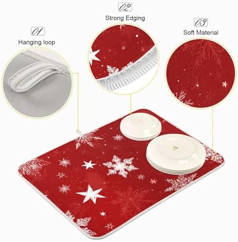 OTVEE Red Snowflake Display Dish Drying Mat for Kitchen Counter