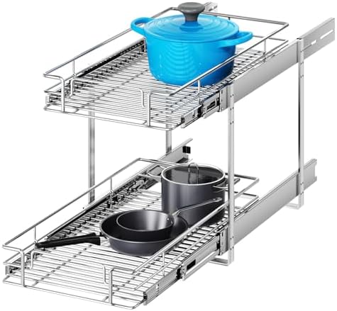 2 Tier Individual Pull Out Cabinet Organizer 10½" W x 18" D, Heavy Duty Cabinet Pull Out Shelves, Slide Out Drawers Organization for Kitchen Cabinets Bathroom