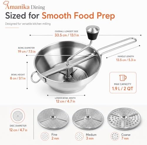 Food Mill Stainless Steel, 2 Qt Manual Food Mill with 3 Discs