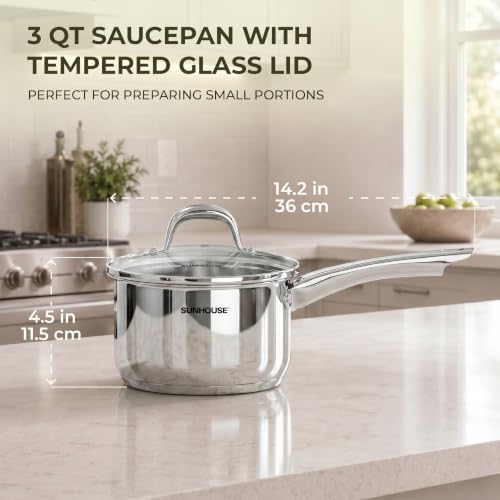 SUNHOUSE 3 QT Stainless Steel Sauce Pan with Lid, Small Pot for
