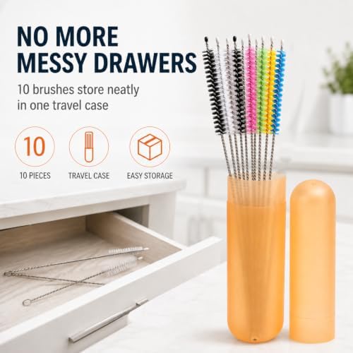10-Piece Straw Cleaner Brush Set with Case, 304 Stainless Steel, 5-10