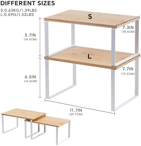 Kitchen Cabinet Organizer Shelf, Set of 2 Stackable Counter Shelves, Small Wood Cabinet Riser Shelf for Pantry Cupboard Spice Dish Mug Cup, Expandable, Metal Engineered Wood (Beige & White, 11.7''W)