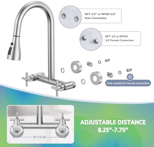 HURRAN Wall Mount Kitchen Faucet with Pull-Down Sprayer, Brushed