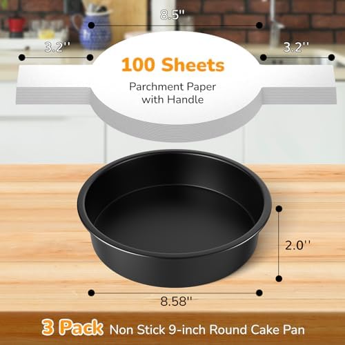 9 Inch Round Cake Pan Set of 3, Nonstick Baking Pans with 100PCS