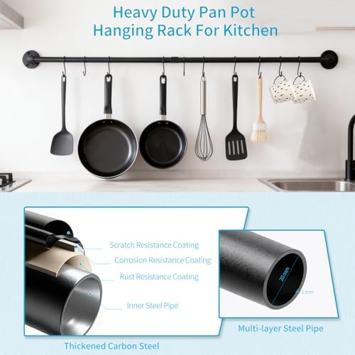 38 inch Pipe Hanging Rail for Pots, Pans, Lids, Kitchen Utensils, Wall Mounted Rail Rack Pipe Bar with 10 S Hooks Indutrial Style, Black