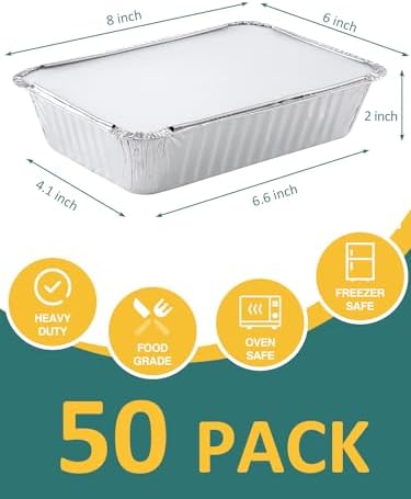NEEBAKE 50 Pack 8x6 Disposable Aluminum Pans with Lids