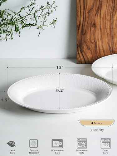Kanwone Ceramic Large Serving Bowls, Oval Serving Platters for Entertaining, 13" Porcelain Serving Dishes for Dinner, Pasta, Salad, Turkey, Fruit, Bread, Appetizers, Microwave Safe, White, Set of 2
