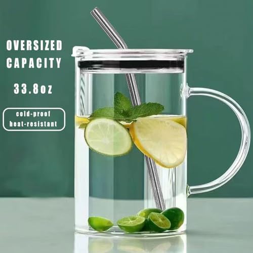 32 oz Glass Tumbler with Handle Lid Straw