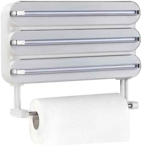 Aluminum Foil & Plastic Wrap Dispenser with Cutter - Magnetic & No-Drill Wall Mount, Cling Film Dispenser with Paper Towel Holder, Space-Saving 4-in-1 Kitchen Organizer - Fits 12" Roll, White