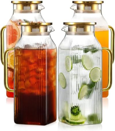 4 Pack 2 Liter/68 oz Square Glass Pitcher with Lid, Classic Stripes