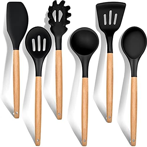 E-far Cooking Utensils Set of 6, Silicone Kitchen Utensils with Wooden