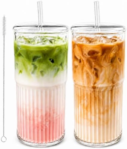 Luiaiog 20 oz Glass Cups with Lids and Straws Set of 2, Ribbed Glass