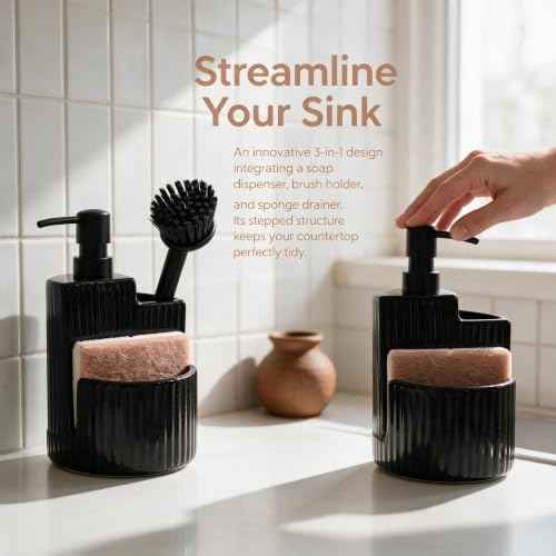 RQYIXI 3-in-1 Ceramic Round Soap Dispenser with Sponge Holder,Black,18