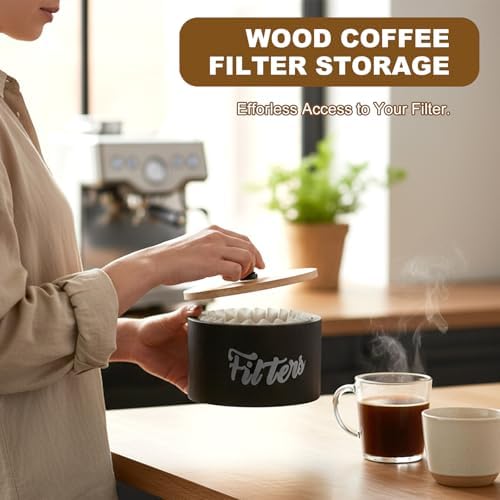 Wooden Coffee Filter Holder with Lid, Round Coffee Filter Storage