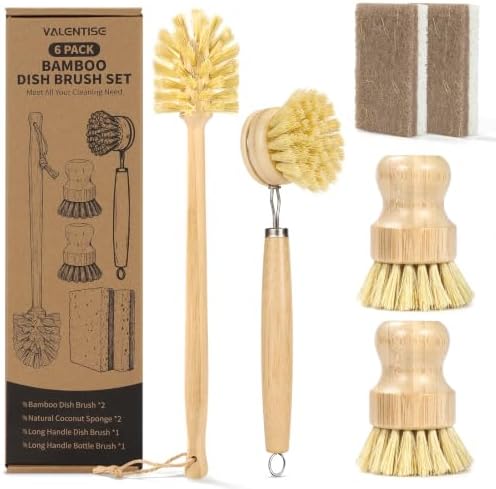 6 Pack Bamboo Dish Brush Set, Natural Dish Brush with Long Handle