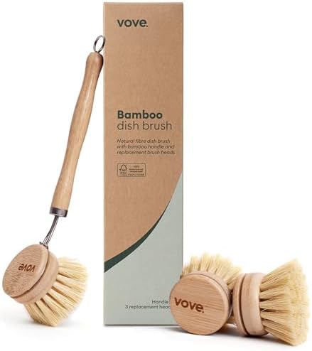 Vove Bamboo Dish Brush with 3 Replacement Heads, Natural Fiber