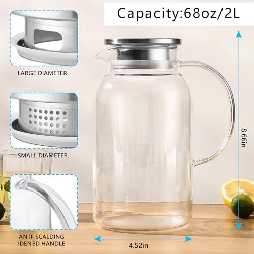 2Pack 68 oz Glass Pitcher With Lid. Glass Carafe for Hot/Cold Water.