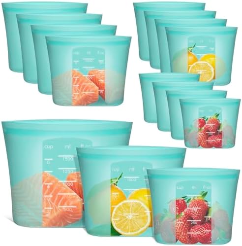 Reusable Food Bags, 12 Pack 100% Silicone Food Storage Bags Stand Up