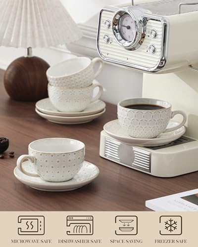 MALACASA 8 OZ Cappuccino Cups with Saucers, Embossed Latte Mugs Set of