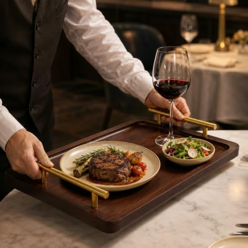 LUOZZY Rectangular Bamboo Serving Tray with Metal Handles A