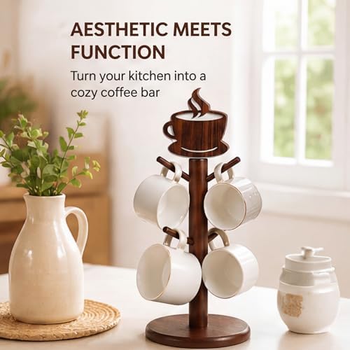 Geelin Coffee Mug Tree with 6 Hooks Holder, Wood Cup Organizer for