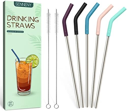 Senneny Set of 5 Stainless Steel Straws with Silicone Flex Tips Elbows