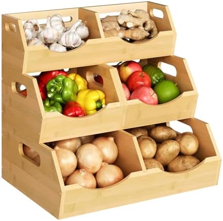 Onion Storage Bins Potato, 3 Tier Bamboo Pantry Storage Bin Stackable
