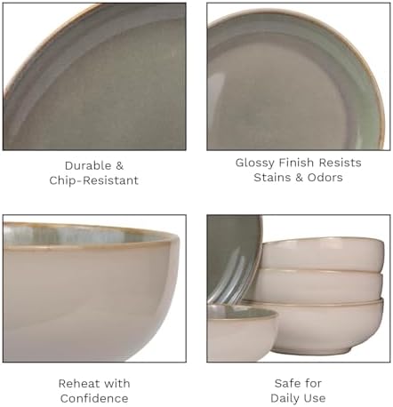 Sango 16-Piece Stoneware Dinnerware Set for 4, Glossy Cream/Green Big