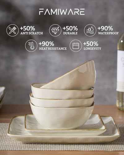 Famiware Square Plates and Bowls Sets, 12pcs Stoneware Dinnerware Set