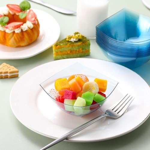 Tanlade 50 Pcs Square Plastic Serving Bowls Disposable Salad, Blue