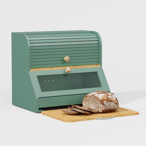 HOLTICO Roll Top Bamboo Bread Box with Cutting Board for Kitchen, Green