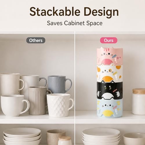 Stackable Cat Mug Set of 4, 10 oz Ceramic Coffee and Tea Cups, Cute