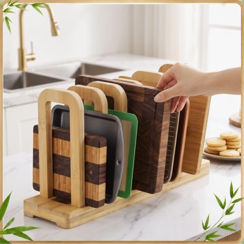 Novabright 2 Set Bamboo Cutting Board Organizer, 5-Slot Adjustable Dividers with Non-Slip Pads for Bakeware, Pot Lids, Trays, Cookie Sheets, Kitchen Cabinet Storage