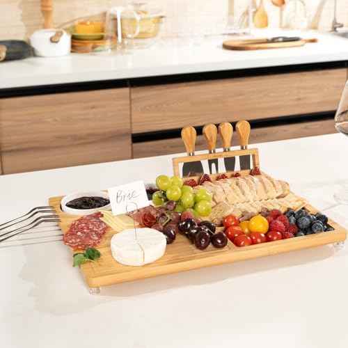 eleganlife Charcuterie Boards Set with Knives, Bamboo Cheese Board Large, Charcuterie Platters with Compartments, Serving Boards Gifts for Wedding, Birthday and Housewarming Party