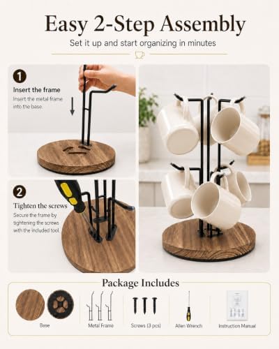 360° Rotating Coffee Mug Holder, 6-Hook Mug Tree for Large Cups