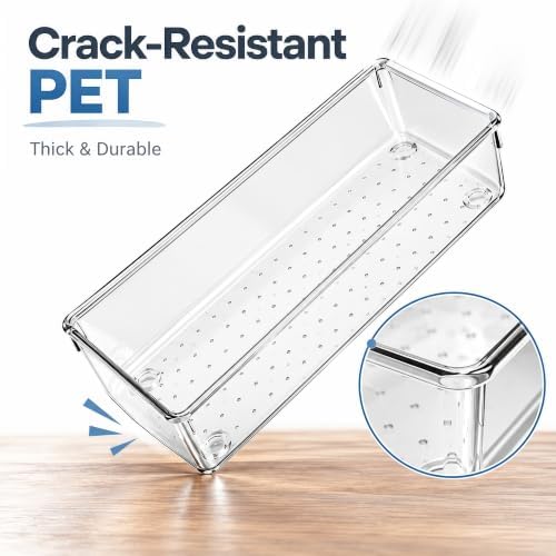 10 Pack Large Clear Drawer Organizer Trays, 3 Sizes, Non-Slip