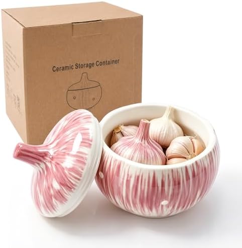 Purple Ceramic Garlic Keeper for Counter – With Lid & Vents, Garlic