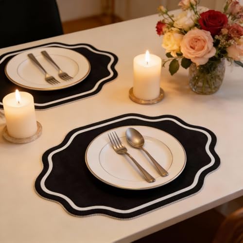 Breling 6 Pcs Cotton Placemats Cotton, Scalloped Edge Black, White