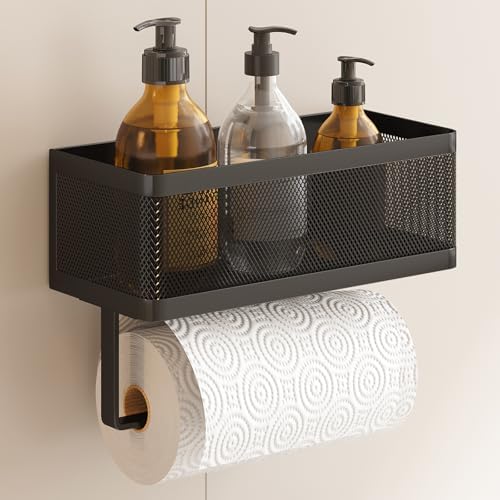Black Wall-Mount Paper Towel Holder with Spice Rack