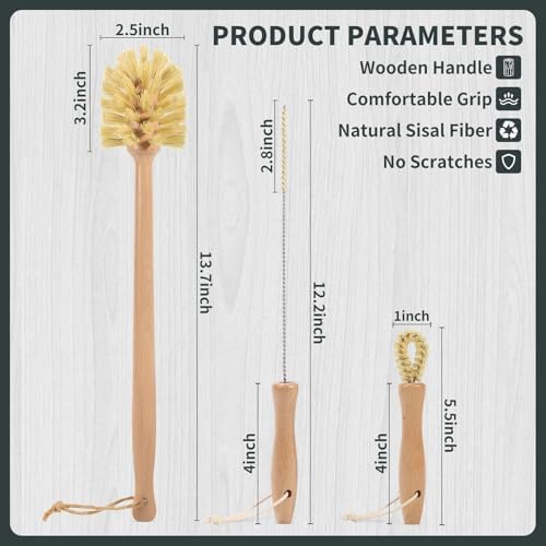 DEBETOOL 3-in-1 Natural Bottle Brush Set, 13.7 Inch Wooden Long Handle