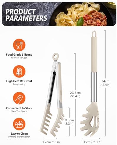 Silicone Spaghetti Spoon and Pasta Tong Set, Khaki