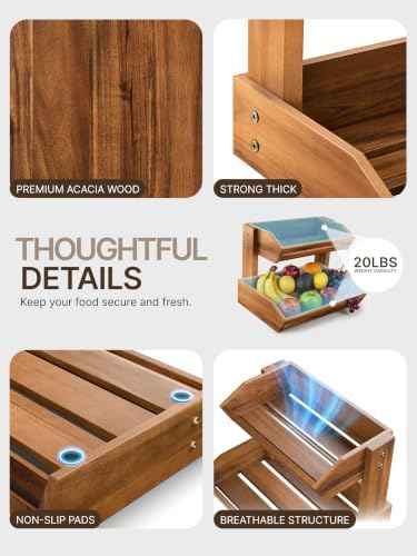 Tidita Acacia 2-Tier Fruit Basket for Kitchen Counter, Breathable Structure