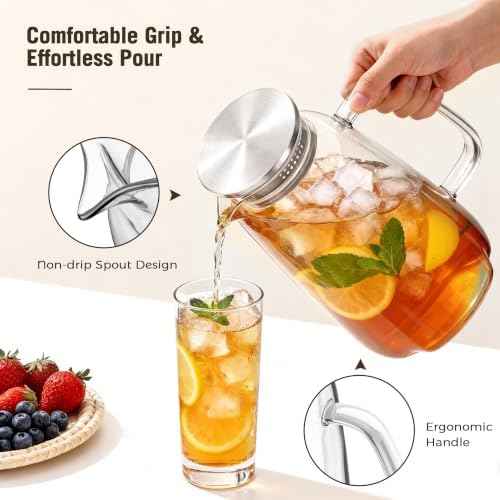 2 Pack Glass Pitcher with Lid and Handle for Fridge, Iced Tea and